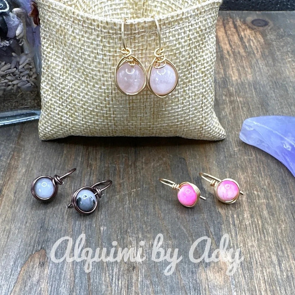 Rustic Rutilated quartz handmade drop 8mm earrings - Picture 2 of 2